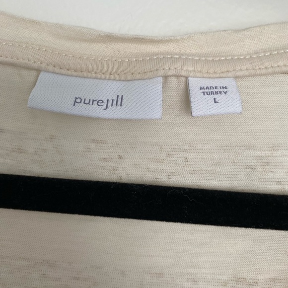 Pure J Jill V Neck Shirt Large Cream Gray Stripes Basic Minimalist Short Sleeves - Picture 2 of 9